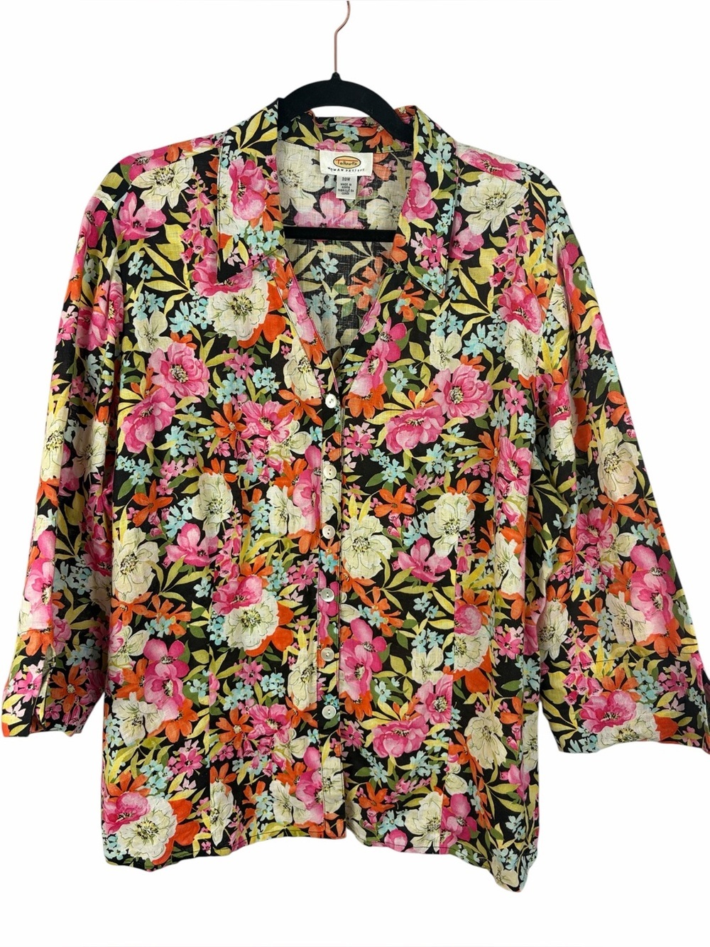 Talbots Woman Petites Floral Linen Button Front Blouse Size 20W
